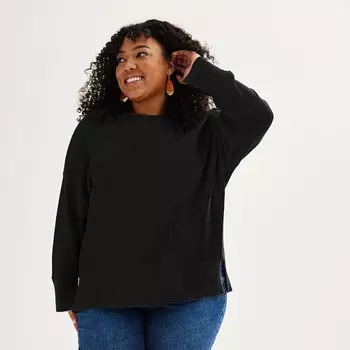Свитер больших размеров Sonoma Goods For Life с круглым вырезом и боковыми разрезами, цвет Pitch Black