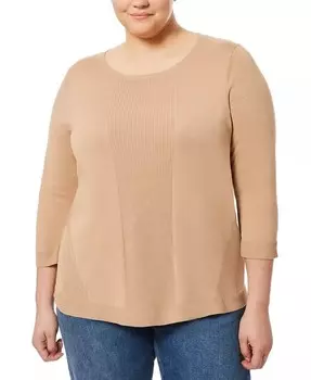 Свитер больших размеров в рубчик с круглым подолом и рукавами 3/4 Melissa Paige, бежевый