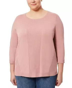 Свитер больших размеров в рубчик с круглым подолом и рукавами 3/4 Melissa Paige, розовый
