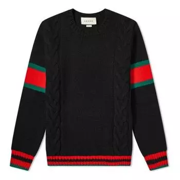 Свитер chucky grg long-sleeved sweater with striped round neck at hem cuffs for men black Gucci, черный