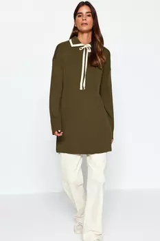 Свитер цвета хаки с детальным трикотажным воротником Trendyol Modest