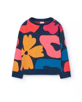 Свитер для девочки с цветочным принтом и круглым вырезом Boboli, темно-синий