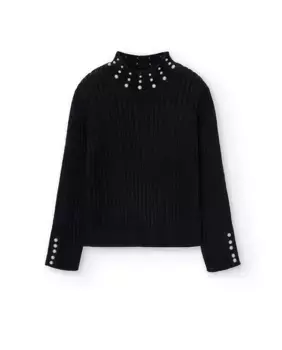 Свитер для девочки с декоративным жемчугом и высоким воротником Boboli, черный