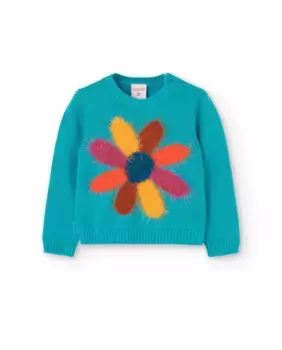 Свитер для девочки с круглым вырезом и цветком спереди Boboli, бирюзовый