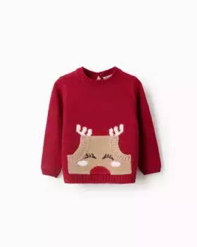 Свитер для девочки с оленьим жаккардом и карманом-кенгуру Zippy, красный