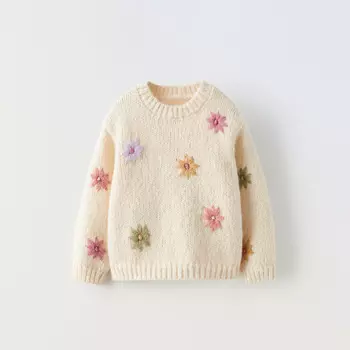 Свитер для девочки Zara Floral Embroidery, экрю