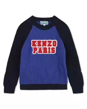 Свитер для мальчика с контрастными рукавами и логотипом спереди Kenzo Kids, синий