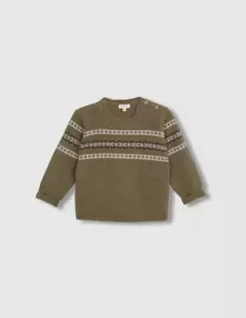 Свитер для мальчика с круглым вырезом и ажурной вышивкой Gocco, цвет Kaki