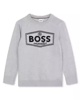 Свитер для мальчика с логотипом спереди и круглым вырезом BOSS Kidswear, светло-серый