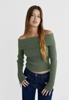 Свитер Exposed Shoulder Stradivarius, хаки