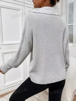 Свитер EZwear, трикотаж в рубчик Пуловер на полумолнии, заниженная линия плеч Shein, светло-серый