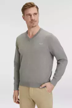 Свитер Gant с V-образным вырезом "Classic Cotton V-Neck", трикотаж премиум-класса из мягкого 100% хлопка, переходный свитер, серый