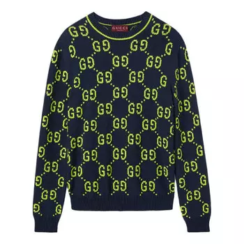 Свитер gg cotton jacquard crewneck sweater 'navy lime green' Gucci, синий
