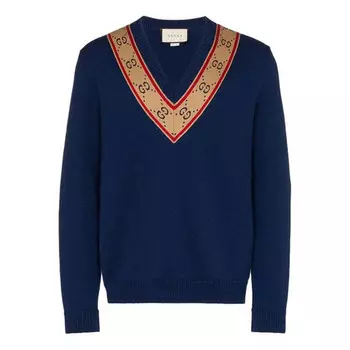 Свитер gg v-neck wool sweater 'blue' Gucci, синий