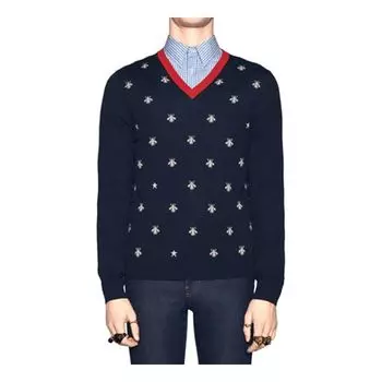 Свитер Gucci Bee Print V-Neck Sweater For Men Navy 431749-X1311-4696, синий