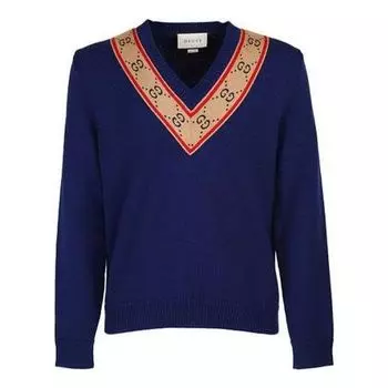 Свитер Gucci GG V-neck Wool Sweater 'Blue', синий