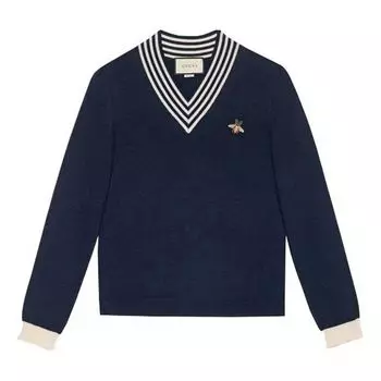 Свитер Gucci Men's Bee Pattern V-Neck Wool Sweater Blue 496442-X9I00-4650, синий