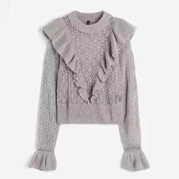 Свитер H&M Ruffle-trimmed Pointelle-knit, серый