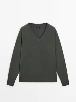 Свитер из 100 % кашемира спицами с v-образным вырезом Massimo Dutti, зеленый