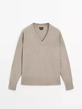 Свитер из 100 % кашемира спицами с v-образным вырезом Massimo Dutti, коричневый