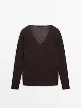 Свитер из 100% льна с v-образным вырезом Massimo Dutti, коричневый