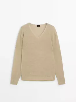 Свитер из 100 % льна с v-образным вырезом Massimo Dutti, бежевый