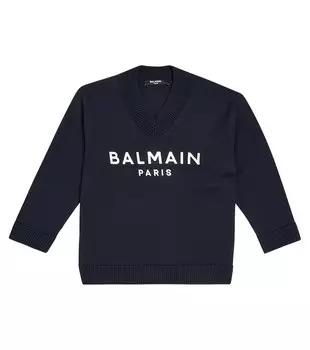 Свитер из хлопка и шерсти с логотипом Balmain Kids, синий