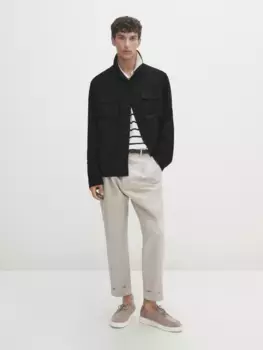Свитер из хлопка поло с текстурированной полоской Massimo Dutti, кремовый
