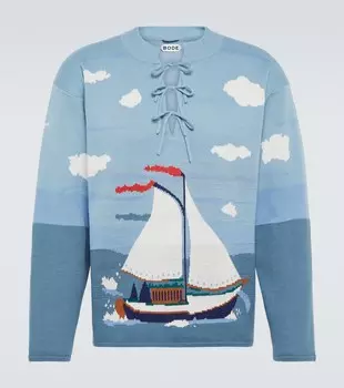 Свитер из хлопкового жаккарда с передником и бантом Bode, Cream Multi