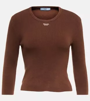 Свитер из хлопковой смеси с рельефной вязкой Logo Prada, Cacao
