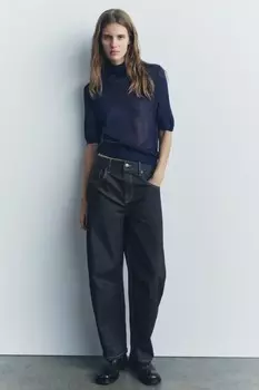 Свитер из кашемира и шелка с высоким воротом ZARA, темно-синий
