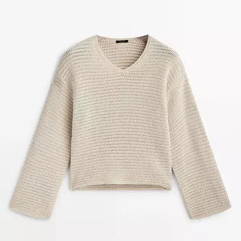 Свитер из кружева кроше с V-образным вырезом Massimo Dutti, кремовый