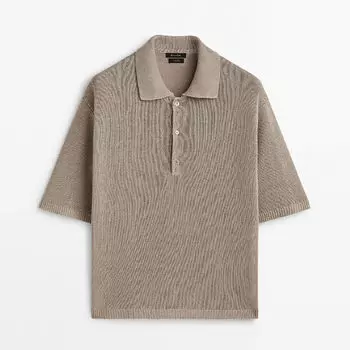 Свитер из льна с воротником поло и пуговицами Massimo Dutti, бежевый