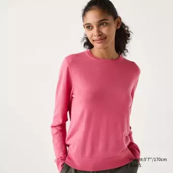 Свитер из мериносовой шерсти с круглым вырезом UNIQLO, розовый