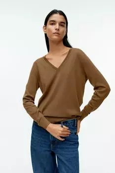 Свитер из мериносовой шерсти с v-образным вырезом H&M, коричневый