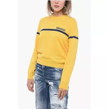 Свитер из натуральной шерсти с круглым вырезом и вышитым логотипом Dsquared2, Yellow