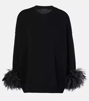 Свитер из натуральной шерсти с отделкой из перьев Valentino, черный