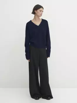 Свитер из полушерсти с v-образным вырезом Massimo Dutti, темно-синий