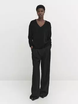 Свитер из полушерсти с v-образным вырезом Massimo Dutti, черный