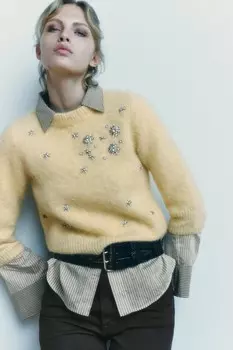 Свитер из шерсти и альпаки с драгоценными бусинами ZARA, светло-желтый