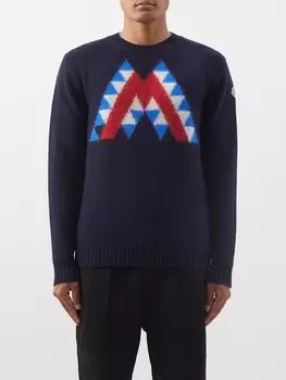 Свитер из смесовой шерсти с логотипом-интарсией Moncler, синий