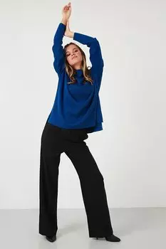 Свитер из тонкого трикотажа с длинной спинкой и высоким воротником 4615002 Lela, темно-синий