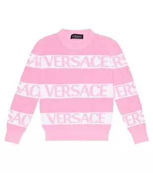 Свитер из жаккардового хлопка с логотипом Versace, белый
