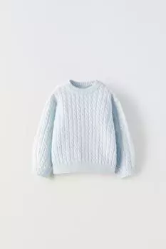 Свитер кабельной трикотажи ZARA, пастельно-синий