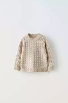 Свитер кабельной трикотажи ZARA, светло-бежевый
