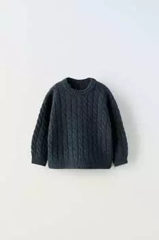 Свитер кабельной трикотажи ZARA, темно-синий