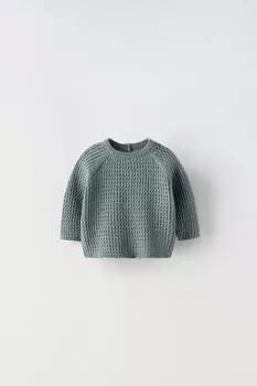 Свитер кабельной трикотажи ZARA, зеленый, голубой