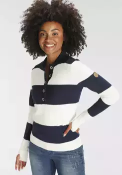 Свитер KangaROOS с воротником-поло, модной планкой на пуговицах и полосками в морском стиле, белый