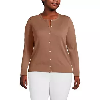 Свитер-кардиган из тонкого хлопка большого размера Lands' End, цвет Warm Tawny Brown