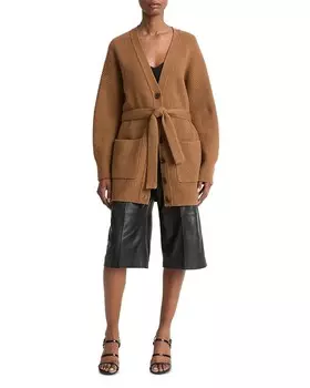 Свитер-кардиган в рубчик с кожаным ремнем Vince, коричневый/бежевый